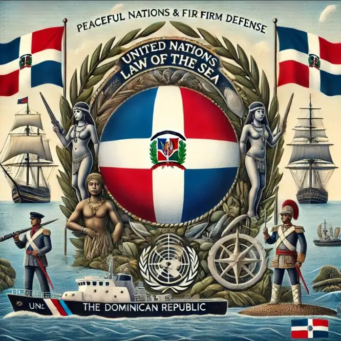 Ilustración de la defensa de la soberanía marítima de la República Dominicana, con una bandera dominicana, elementos de herencia taína, barcos coloniales españoles y modernas patrullas navales en el mar Caribe, simbolizando justicia, unidad y fortaleza nacional.