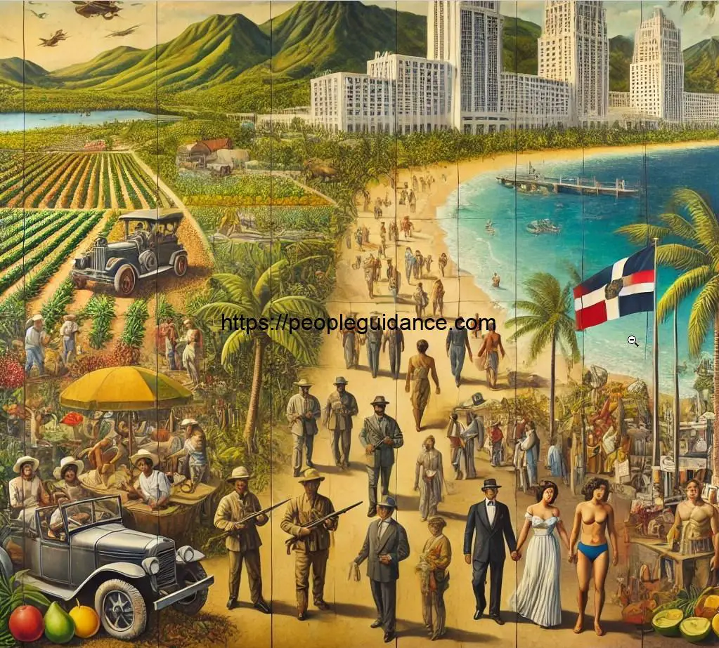 Una ilustración que muestra la transformación económica de la República Dominicana. A la izquierda, una escena histórica con trabajadores agrícolas en un campo de bananos supervisados por empresarios extranjeros, representando la era de la United Fruit Company. A la derecha, una playa tropical moderna con turistas disfrutando y hoteles de lujo, simbolizando el desarrollo del turismo masivo. En el centro, un mapa conecta ambas escenas, reflejando el cambio estructural del país.