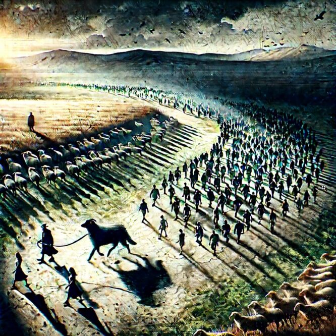 Imagen artística y metafórica que muestra a una multitud moviéndose en dirección guiada por una figura oculta, representando desplazamientos dirigidos bajo influencia invisible. El fondo sugiere un contraste entre territorio vacío y zona saturada, simbolizando presión social y manipulación estratégica.