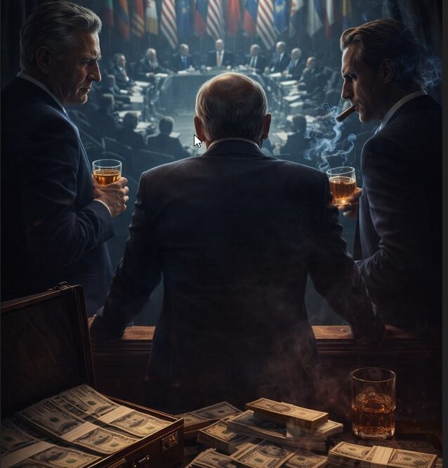 figuras en sombra analizando mapa global y redes de influencia en una sala estratégica representando el poder global moderno