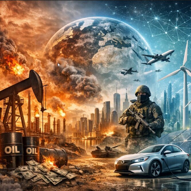 Ilustración digital que representa la transición energética global, con petróleo, conflictos y energías renovables simbolizando el cambio de poder mundial.