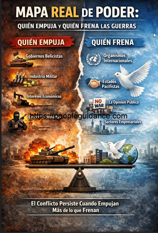Infografía que muestra el mapa real del poder en las guerras, comparando las fuerzas que impulsan el conflicto (gobiernos, industria militar, intereses económicos) con las que lo frenan (diplomacia, opinión pública y cooperación internacional), representadas en una balanza de poder.