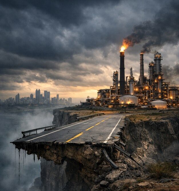 Carretera rota al borde de un acantilado frente a una refinería de petróleo bajo un cielo oscuro, simbolizando los límites del sistema económico