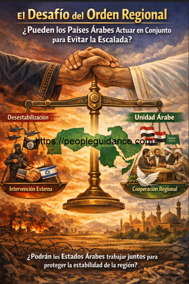 Infografía que ilustra el desafío del orden regional en Medio Oriente, mostrando el equilibrio entre desestabilización y unidad árabe, así como la tensión entre intervención externa y cooperación regional.