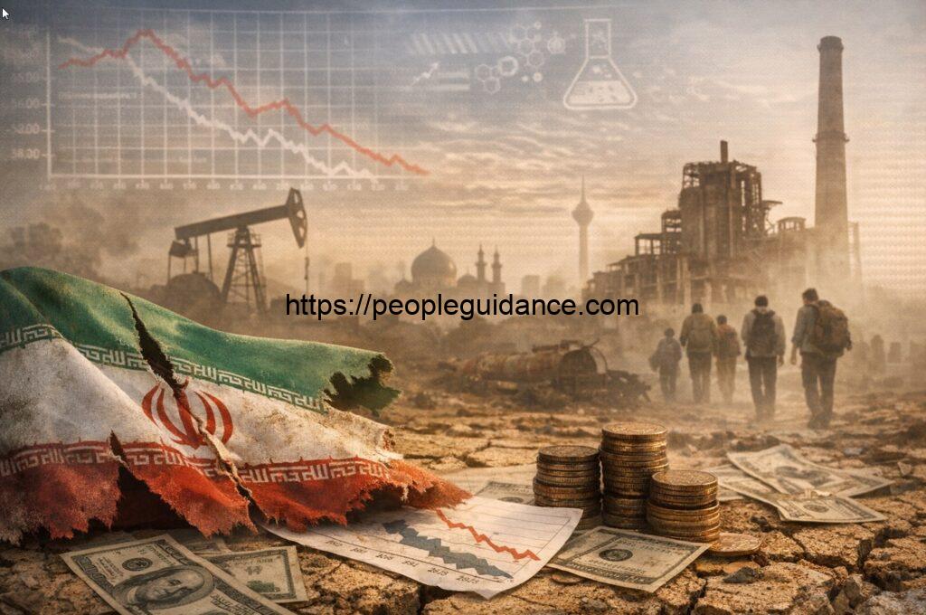 Bandera de Irán desgastada sobre suelo seco y agrietado, rodeada de billetes y monedas. Al fondo aparecen una bomba petrolera, una fábrica antigua y varias personas caminando entre polvo y humo, con un cielo opaco y gráficos difuminados.